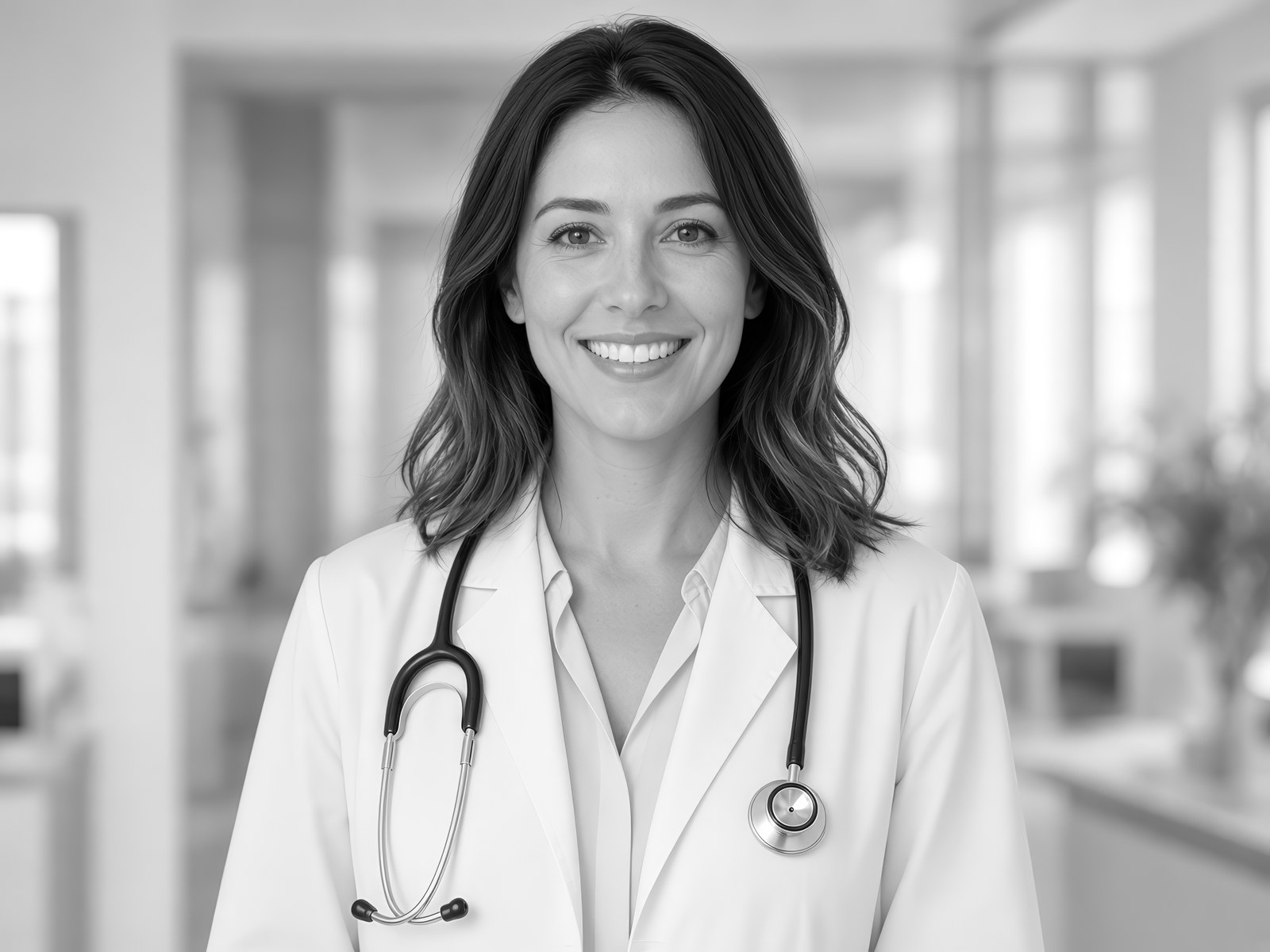 Smiling female physician in a white coat with a stethoscope in a modern clinic