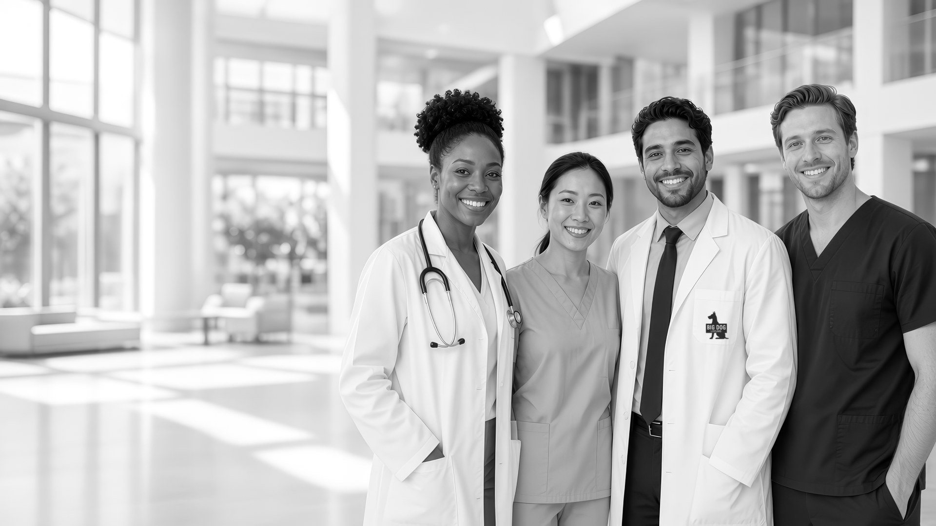 Smiling team of two doctors and two nurses in a bright modern hospital