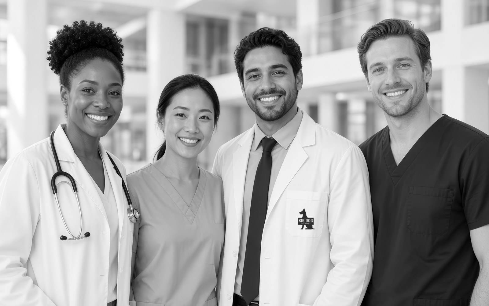 Smiling team of two doctors and two nurses in a bright modern hospital