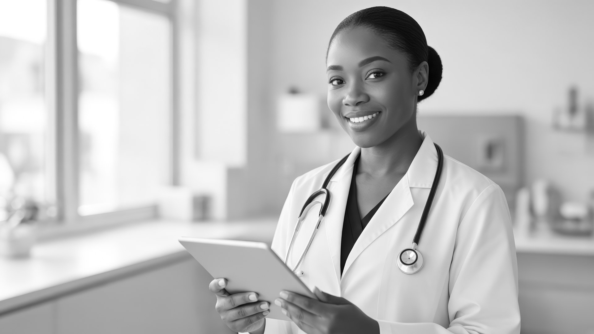 Smiling female physician in a white coat reviewing a tablet